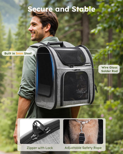 Cat Backpack Dog Backpack, Breathable Dog Rucksack, Grey,L | Cat Backpack Carrier with Front Opening-Mesh Window-Pockets, Airy Large Space for Carrying Pets under 5Kg
