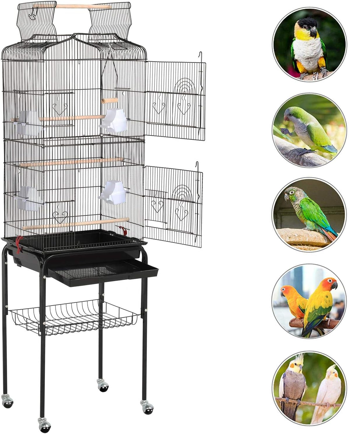 Yaheetech 64'' Open Top Bird Cage for Parakeets & Cockatiels, Black | Detachable Rolling Stand with Shelf, Easy Clean Slide Out Tray, 4 Feeder Doors, 0.4'' Bar Spacing, Indoor & Outdoor Use