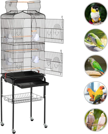 Yaheetech 64'' Open Top Bird Cage for Parakeets & Cockatiels, Black | Detachable Rolling Stand with Shelf, Easy Clean Slide Out Tray, 4 Feeder Doors, 0.4'' Bar Spacing, Indoor & Outdoor Use