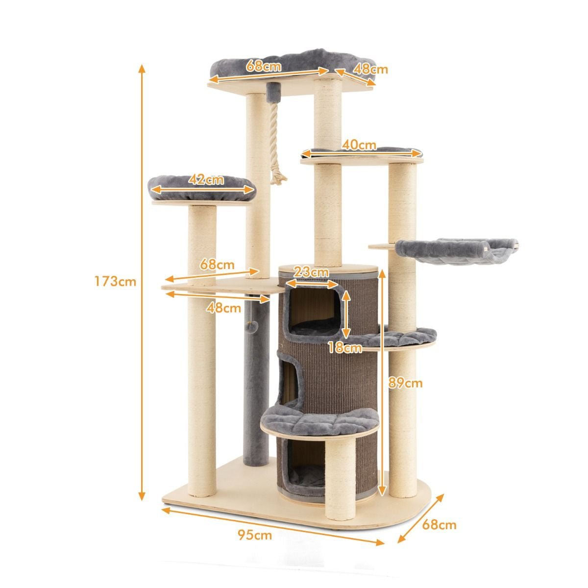 Albero per Gatti Multi-Livello Con Nicchia a 3 Piani 2 Cucce Tiragraffi, Torre per Gatti in Legno Da Interno 2 Colori