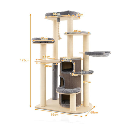 Albero per Gatti Multi-Livello Con Nicchia a 3 Piani 2 Cucce Tiragraffi, Torre per Gatti in Legno Da Interno 2 Colori