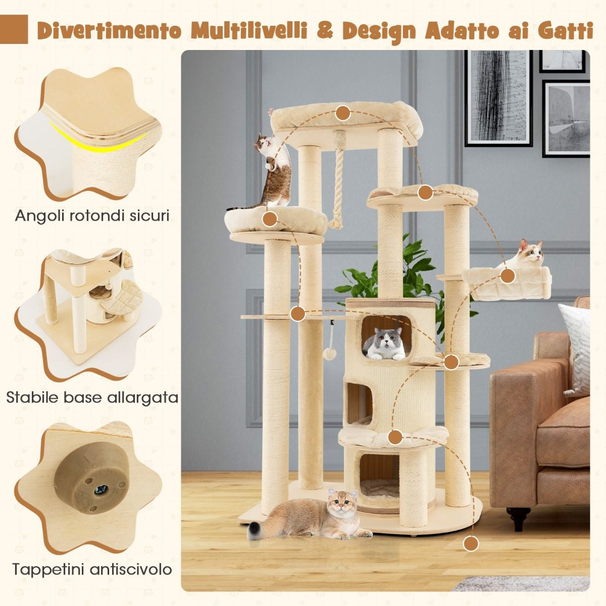 Albero per Gatti Multi-Livello Con Nicchia a 3 Piani 2 Cucce Tiragraffi, Torre per Gatti in Legno Da Interno 2 Colori