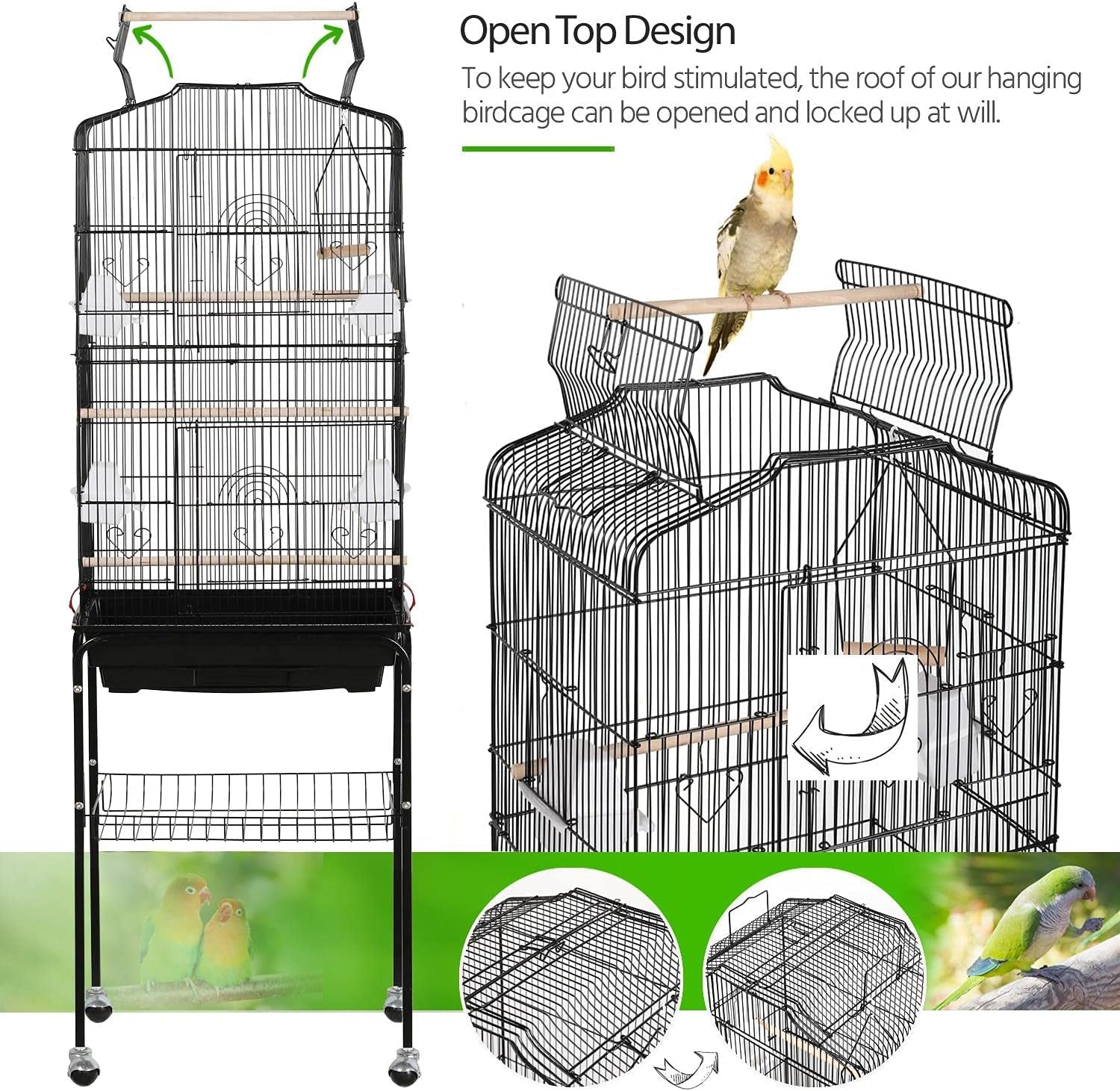 Yaheetech 64'' Open Top Bird Cage for Parakeets & Cockatiels, Black | Detachable Rolling Stand with Shelf, Easy Clean Slide Out Tray, 4 Feeder Doors, 0.4'' Bar Spacing, Indoor & Outdoor Use