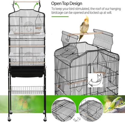 Yaheetech 64'' Open Top Bird Cage for Parakeets & Cockatiels, Black | Detachable Rolling Stand with Shelf, Easy Clean Slide Out Tray, 4 Feeder Doors, 0.4'' Bar Spacing, Indoor & Outdoor Use