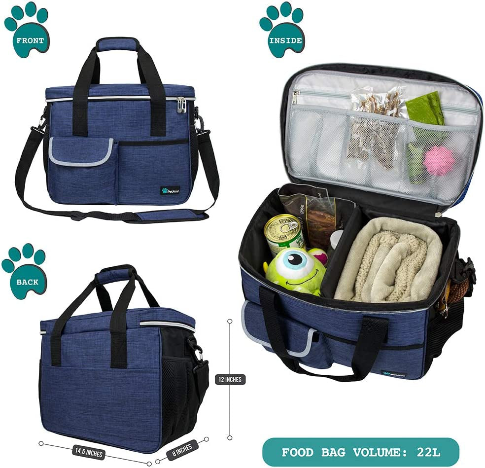 Dog Travel Bag Organizer, Pet Supplies Diaper Tote, Navy Blue Medium | Pet Travel Kit with 2 Food Containers & 2 Collapsible Dog Bowls, Luggage Sleeve, Weekend Getaway Road Trip Camping Essentials