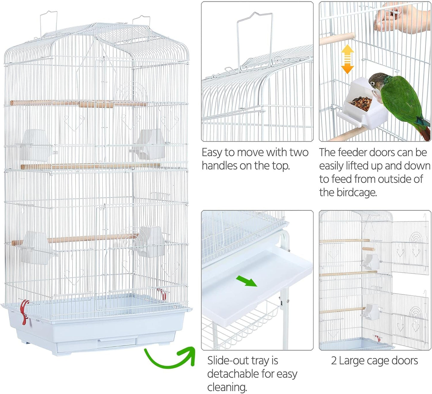 Yaheetech 64'' Open Top Bird Cage for Parakeets, Lovebirds, Finches | Detachable Rolling Stand, Easy Cleaning Slide-Out Tray, Feeder Doors, 1 Swing, 4 Perches, 4 Feeders, Indoor Outdoor Use