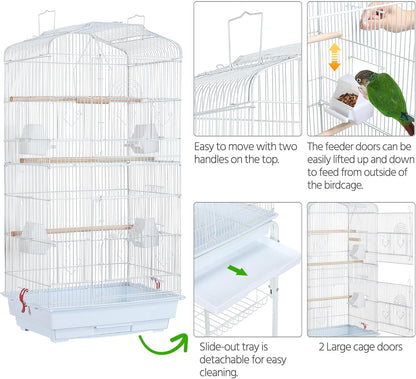 Yaheetech 64'' Open Top Bird Cage for Parakeets, Lovebirds, Finches | Detachable Rolling Stand, Easy Cleaning Slide-Out Tray, Feeder Doors, 1 Swing, 4 Perches, 4 Feeders, Indoor Outdoor Use