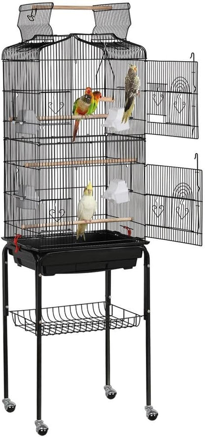 Yaheetech 64'' Open Top Bird Cage for Parakeets & Cockatiels, Black | Detachable Rolling Stand with Shelf, Easy Clean Slide Out Tray, 4 Feeder Doors, 0.4'' Bar Spacing, Indoor & Outdoor Use