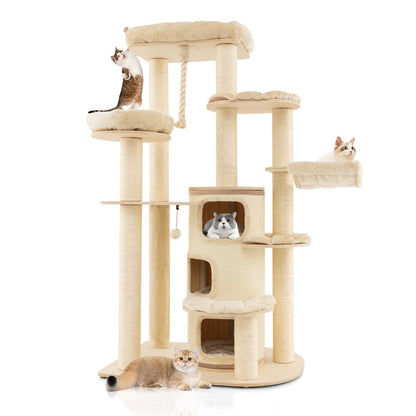 Albero per Gatti Multi-Livello Con Nicchia a 3 Piani 2 Cucce Tiragraffi, Torre per Gatti in Legno Da Interno 2 Colori