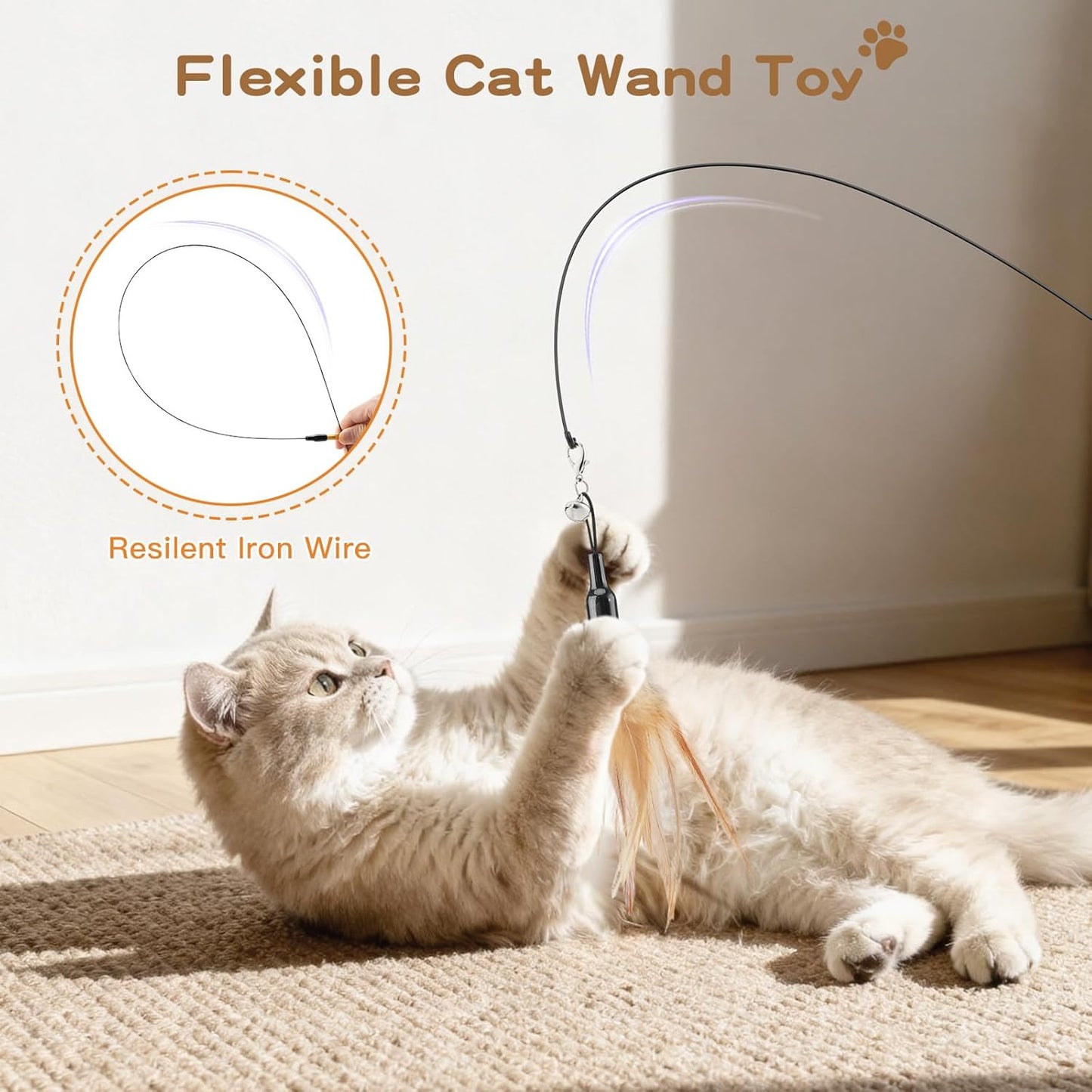 Cat Feather Wand Interactive Toy, 2 Feathers + 1 Wand with Bell | Cat Feather Teaser Toys Flying Catcher Extra Long 34.5" Wand Exerciser Playing Chase Cat Toy Wands for Kitten or Cats, Brown