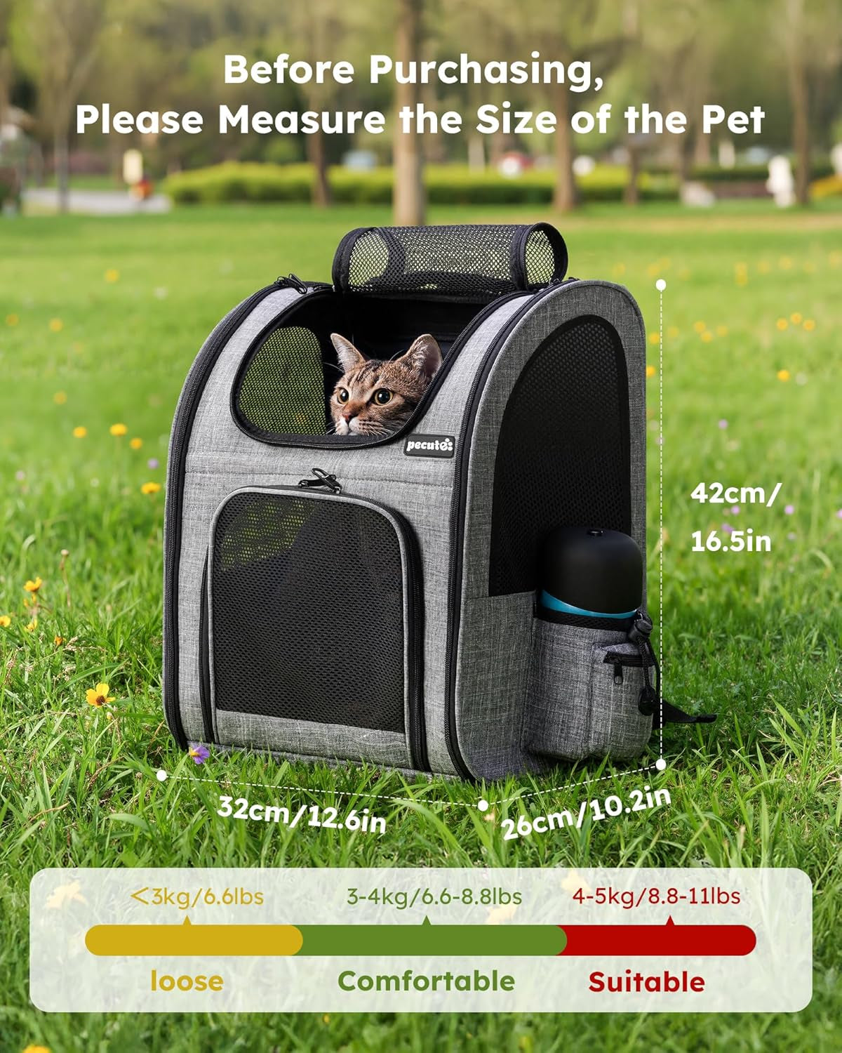Cat Backpack Dog Backpack, Breathable Dog Rucksack, Grey,L | Cat Backpack Carrier with Front Opening-Mesh Window-Pockets, Airy Large Space for Carrying Pets under 5Kg