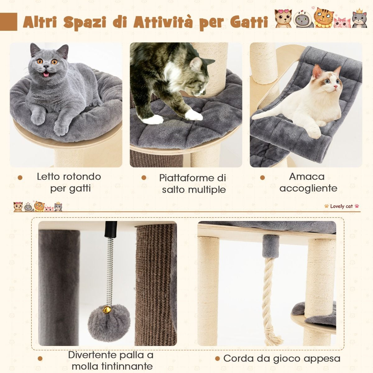Albero per Gatti Multi-Livello Con Nicchia a 3 Piani 2 Cucce Tiragraffi, Torre per Gatti in Legno Da Interno 2 Colori