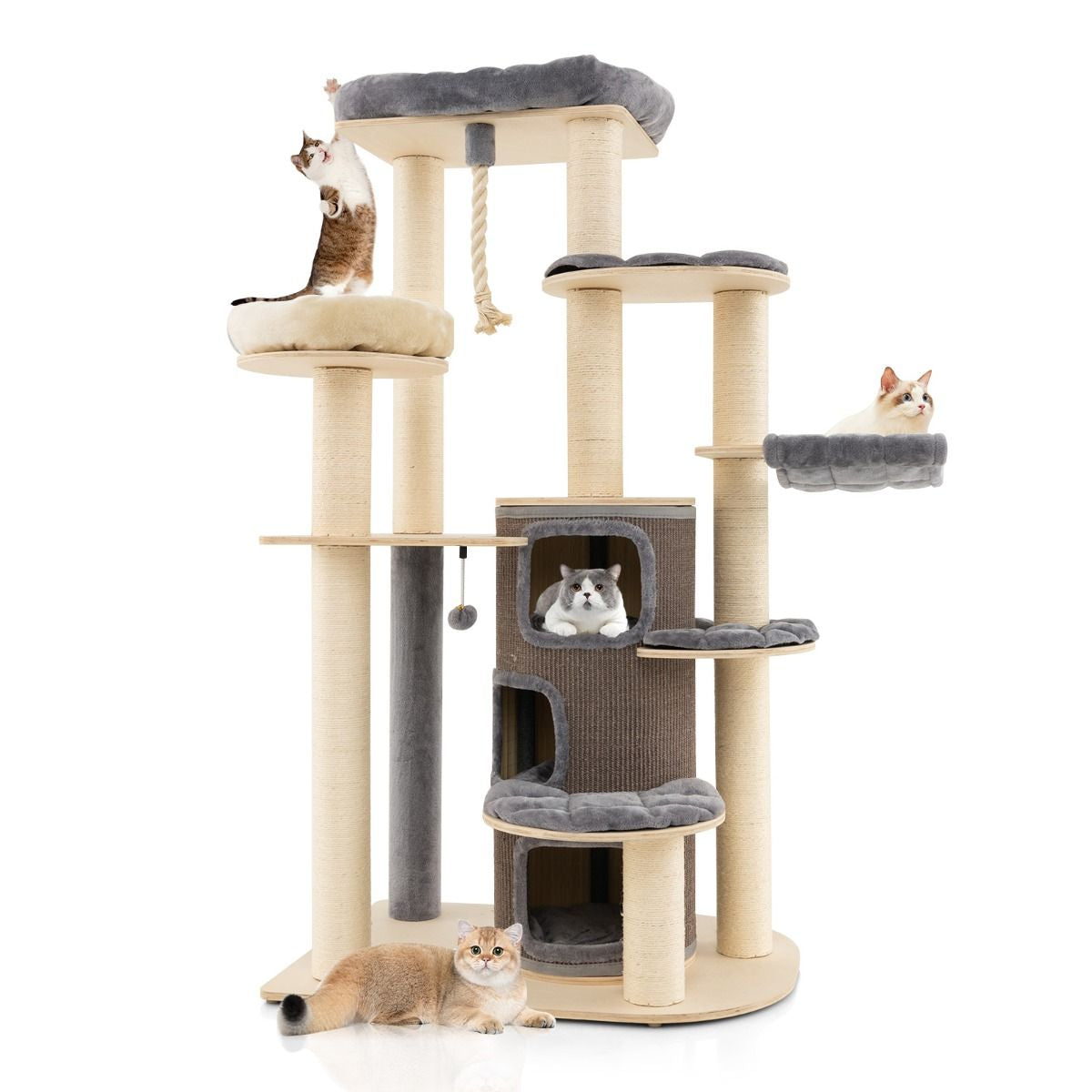 Albero per Gatti Multi-Livello Con Nicchia a 3 Piani 2 Cucce Tiragraffi, Torre per Gatti in Legno Da Interno 2 Colori