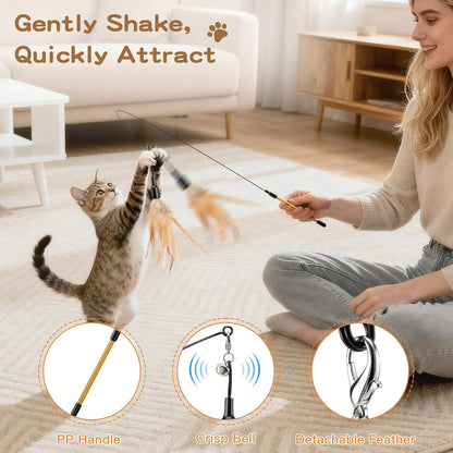 Cat Feather Wand Interactive Toy, 2 Feathers + 1 Wand with Bell | Cat Feather Teaser Toys Flying Catcher Extra Long 34.5" Wand Exerciser Playing Chase Cat Toy Wands for Kitten or Cats, Brown