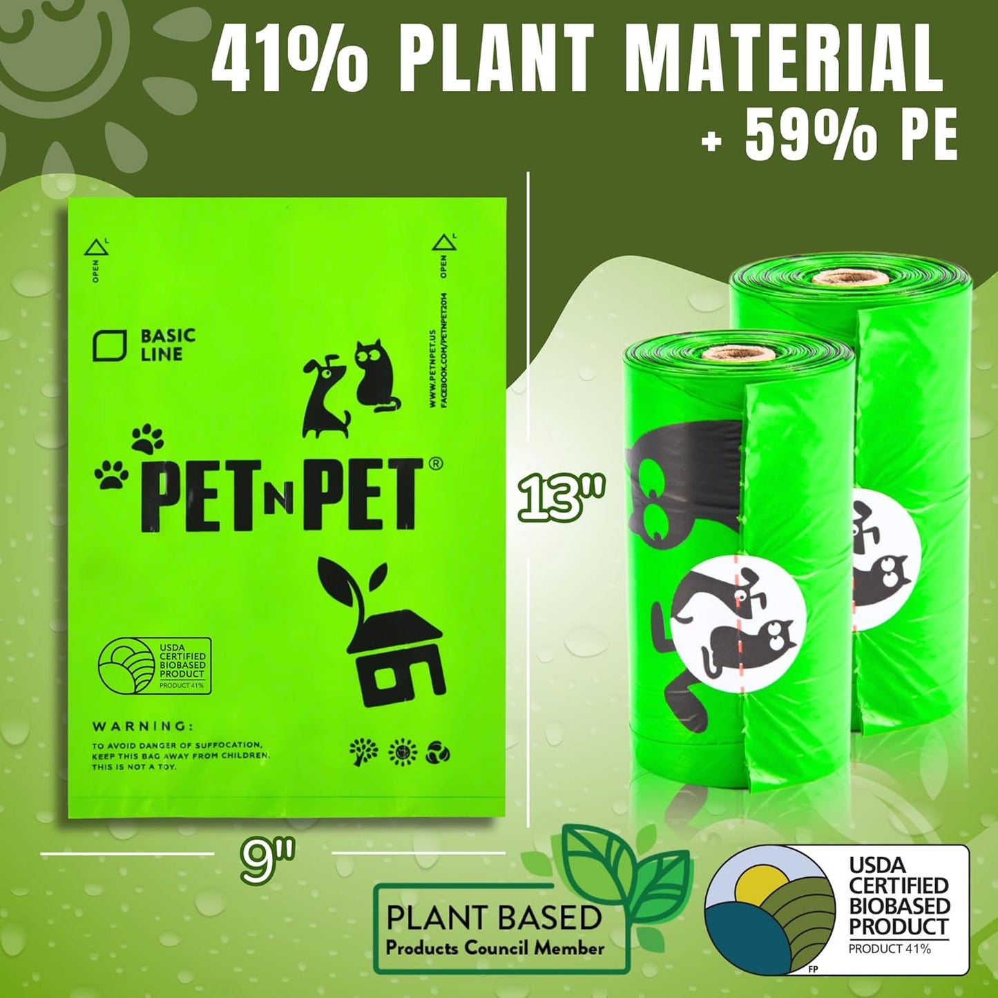 Dog Poop Bags, 1080 Count, 72 Rolls, Unscented, Green | USDA Certified 41% Plant-Based & 59% PE Dog Poo Bags, Leak-Proof 9X13 Bags for Clean and Easy Dog Waste Disposal.