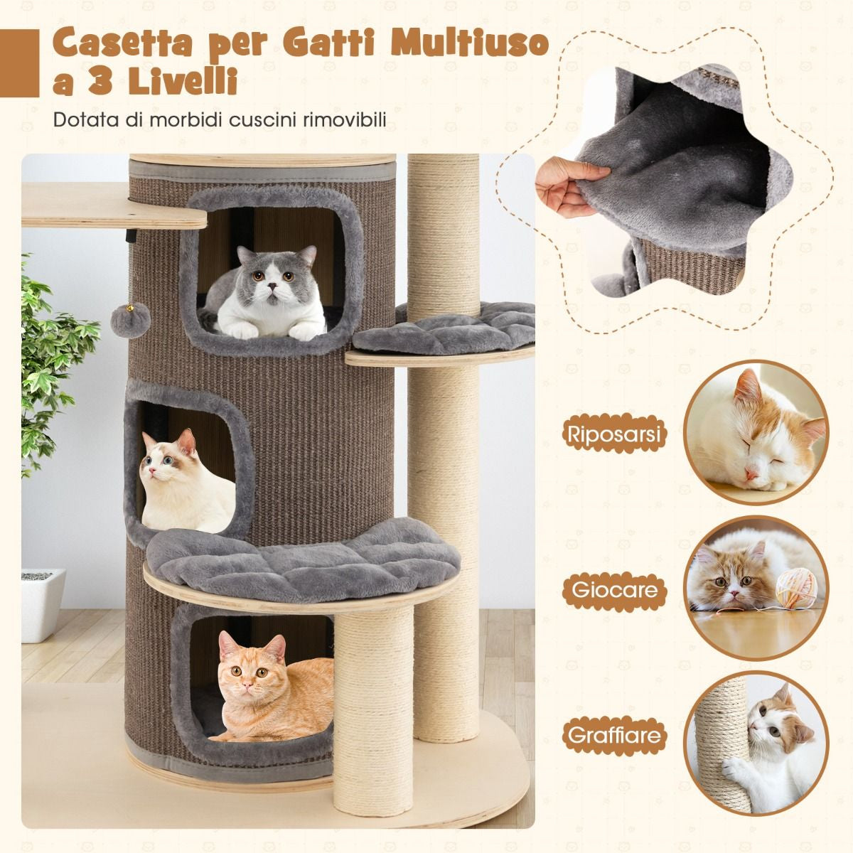 Albero per Gatti Multi-Livello Con Nicchia a 3 Piani 2 Cucce Tiragraffi, Torre per Gatti in Legno Da Interno 2 Colori