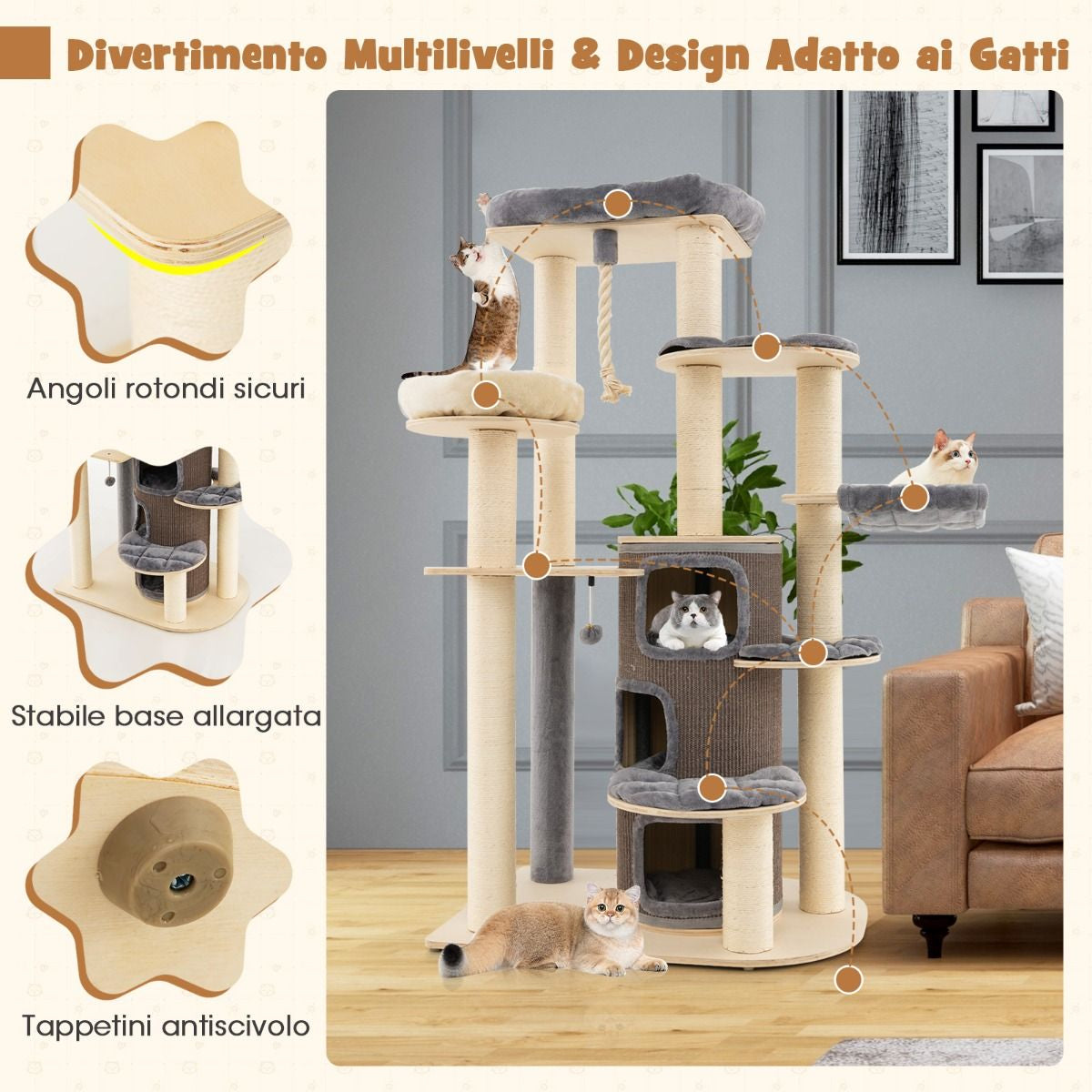 Albero per Gatti Multi-Livello Con Nicchia a 3 Piani 2 Cucce Tiragraffi, Torre per Gatti in Legno Da Interno 2 Colori