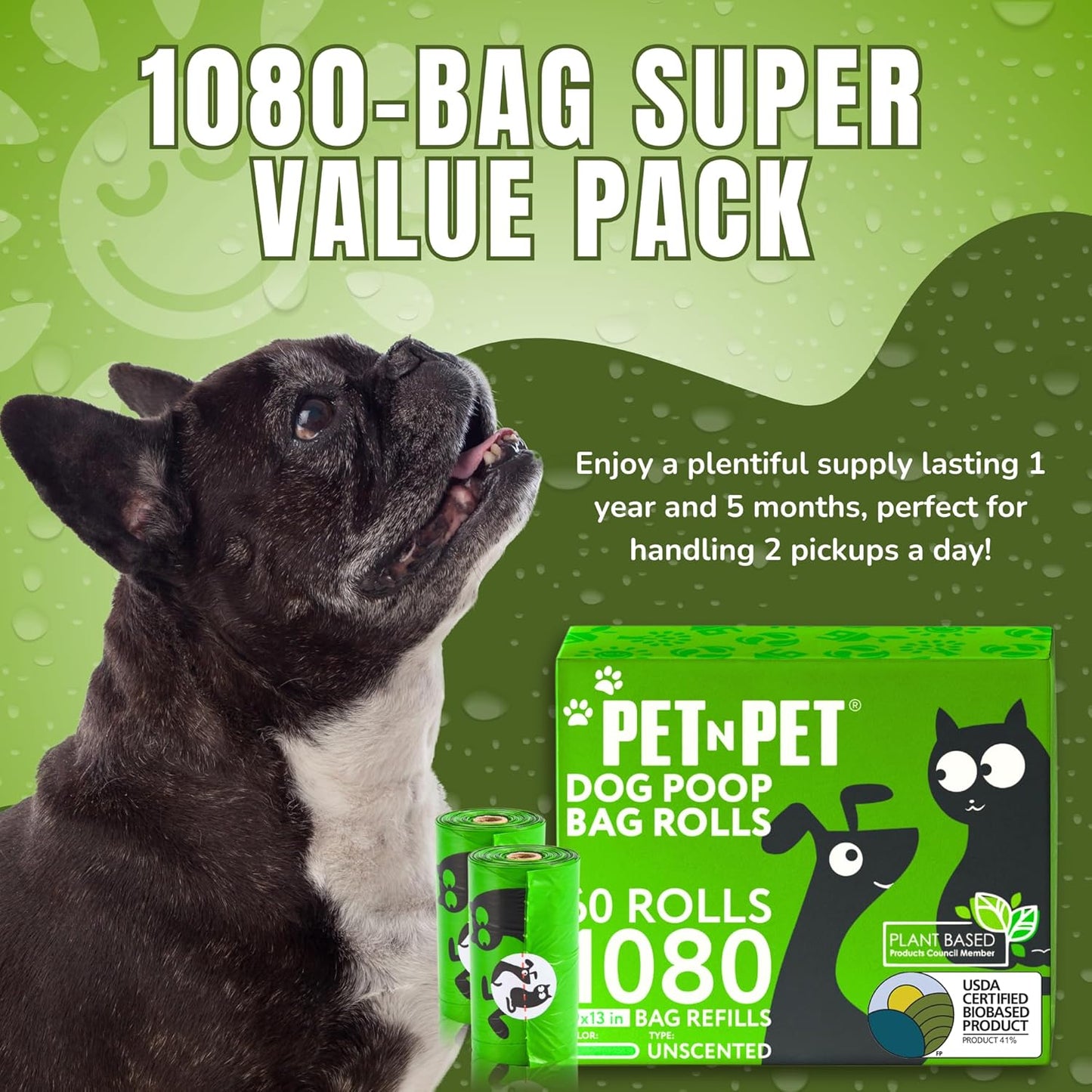 Dog Poop Bags, 1080 Count, 72 Rolls, Unscented, Green | USDA Certified 41% Plant-Based & 59% PE Dog Poo Bags, Leak-Proof 9X13 Bags for Clean and Easy Dog Waste Disposal.