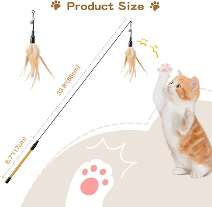 Cat Feather Wand Interactive Toy, 2 Feathers + 1 Wand with Bell | Cat Feather Teaser Toys Flying Catcher Extra Long 34.5" Wand Exerciser Playing Chase Cat Toy Wands for Kitten or Cats, Brown