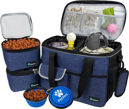 Dog Travel Bag Organizer, Pet Supplies Diaper Tote, Navy Blue Medium | Pet Travel Kit with 2 Food Containers & 2 Collapsible Dog Bowls, Luggage Sleeve, Weekend Getaway Road Trip Camping Essentials
