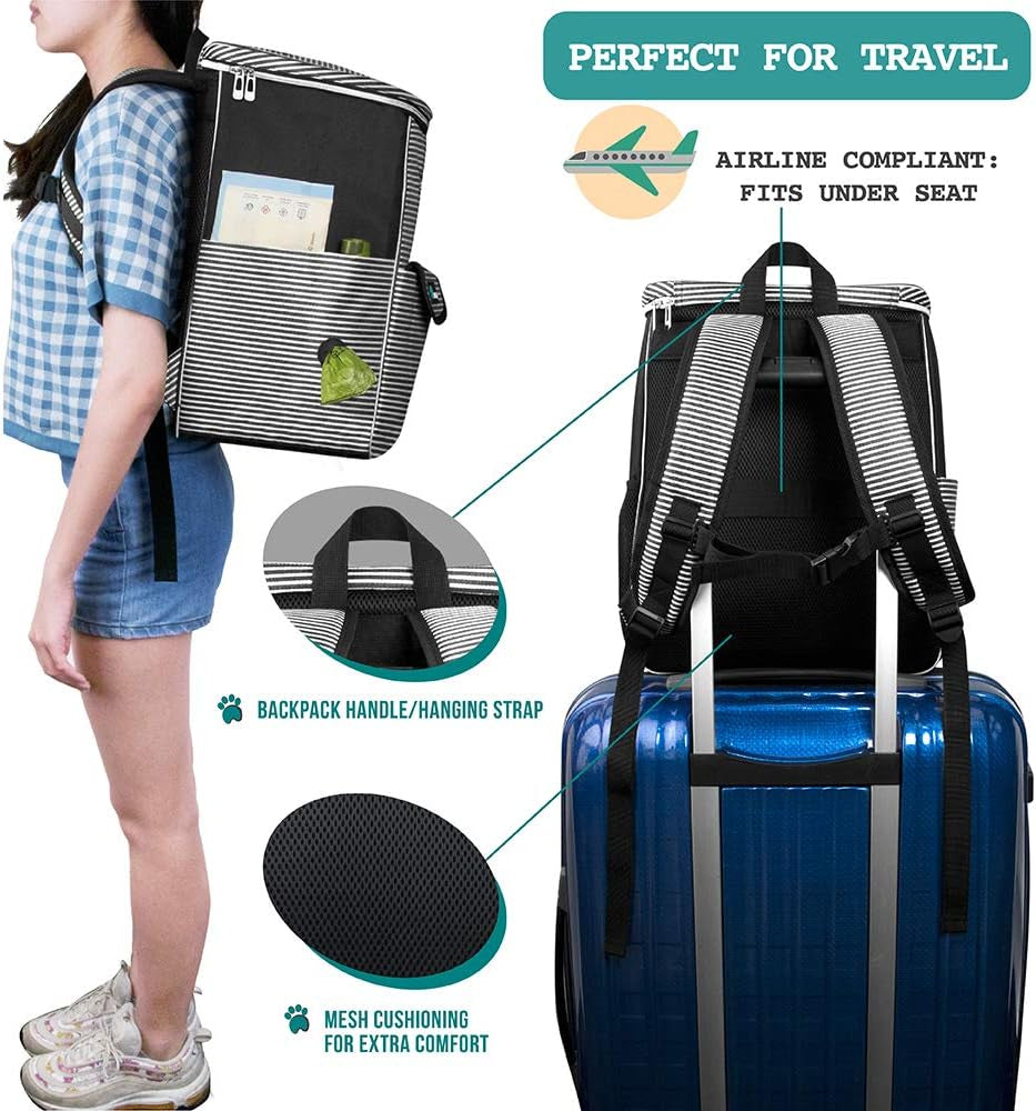 Dog Travel Bag | Backpack Organizer with Dispenser for Poop Bags, Pockets, Food Bag, Collapsible Bowl | Pet Travel Set for Hiking, Black with Stripes, One Size (Pack of 1), Adjustable