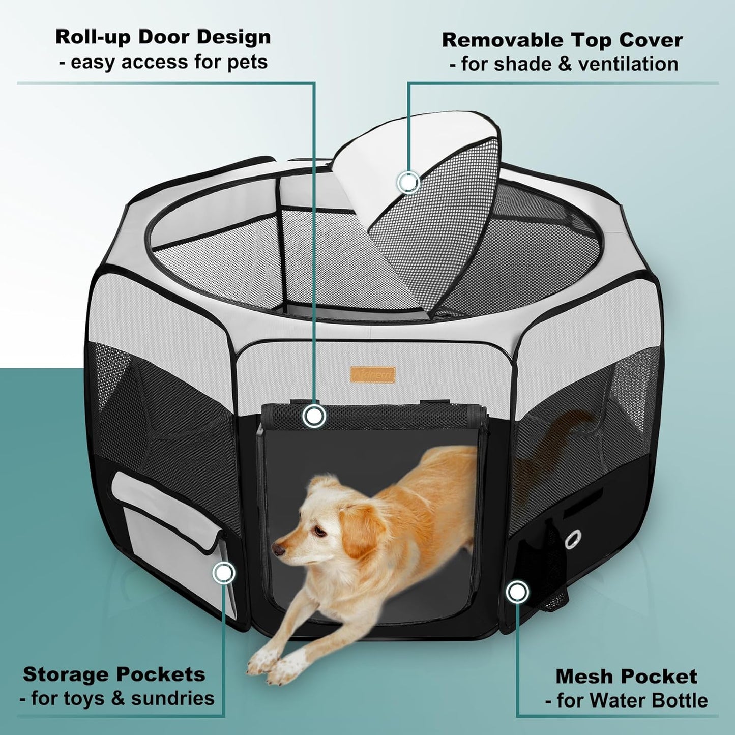 Portable Dog Playpen, Foldable Pet Play Pen for Puppy Cat, Black | Pop‑Up Dog Playpens Indoor & Outdoor, Waterproof Dog Kennel Cage, Removable Top, Travel Camping Playpen, Medium Size