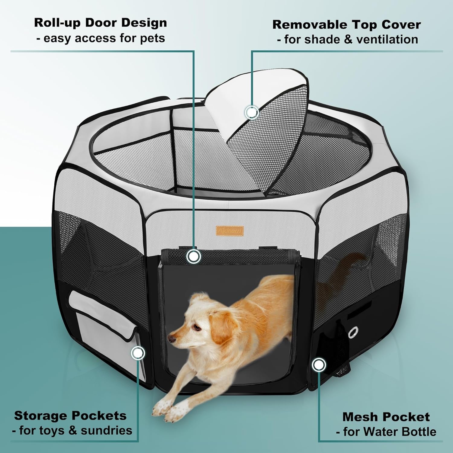 Portable Dog Playpen, Foldable Pet Play Pen for Puppy Cat, Black | Pop‑Up Dog Playpens Indoor & Outdoor, Waterproof Dog Kennel Cage, Removable Top, Travel Camping Playpen, Medium Size