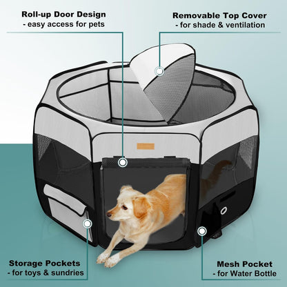 Portable Dog Playpen, Foldable Pet Play Pen for Puppy Cat, Black | Pop‑Up Dog Playpens Indoor & Outdoor, Waterproof Dog Kennel Cage, Removable Top, Travel Camping Playpen, Medium Size