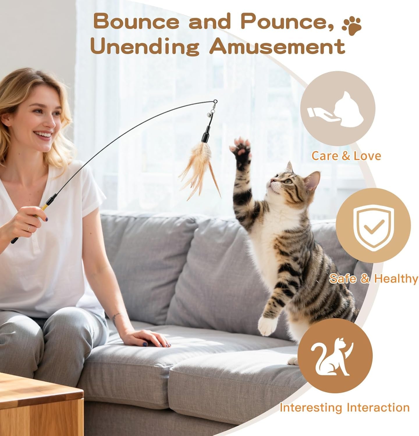 Cat Feather Wand Interactive Toy, 2 Feathers + 1 Wand with Bell | Cat Feather Teaser Toys Flying Catcher Extra Long 34.5" Wand Exerciser Playing Chase Cat Toy Wands for Kitten or Cats, Brown