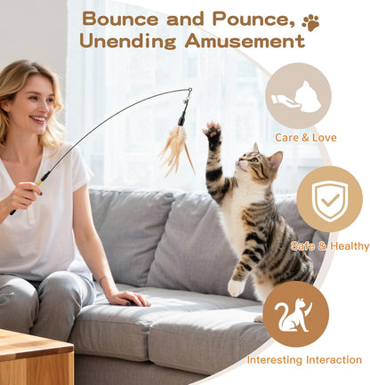 Cat Feather Wand Interactive Toy, 2 Feathers + 1 Wand with Bell | Cat Feather Teaser Toys Flying Catcher Extra Long 34.5" Wand Exerciser Playing Chase Cat Toy Wands for Kitten or Cats, Brown