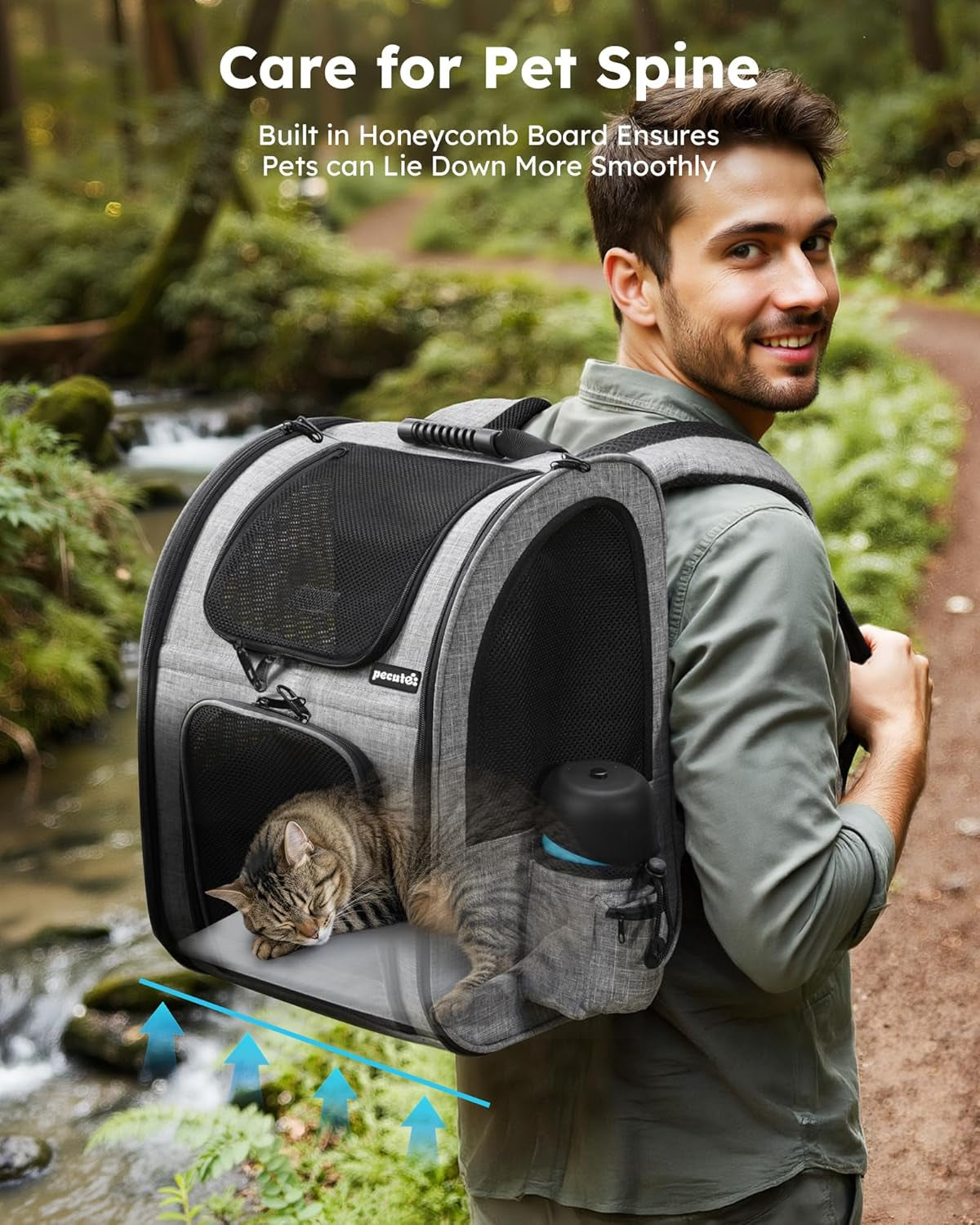 Cat Backpack Dog Backpack, Breathable Dog Rucksack, Grey,L | Cat Backpack Carrier with Front Opening-Mesh Window-Pockets, Airy Large Space for Carrying Pets under 5Kg
