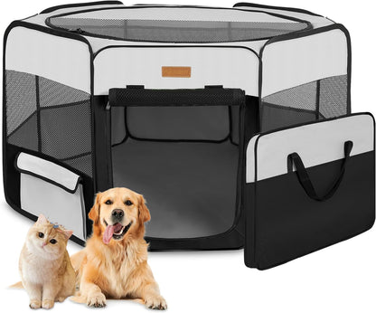 Portable Dog Playpen, Foldable Pet Play Pen for Puppy Cat, Black | Pop‑Up Dog Playpens Indoor & Outdoor, Waterproof Dog Kennel Cage, Removable Top, Travel Camping Playpen, Medium Size