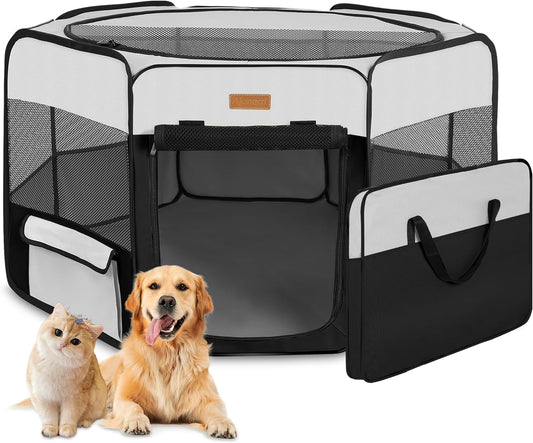 Portable Dog Playpen, Foldable Pet Play Pen for Puppy Cat, Black | Pop‑Up Dog Playpens Indoor & Outdoor, Waterproof Dog Kennel Cage, Removable Top, Travel Camping Playpen, Medium Size