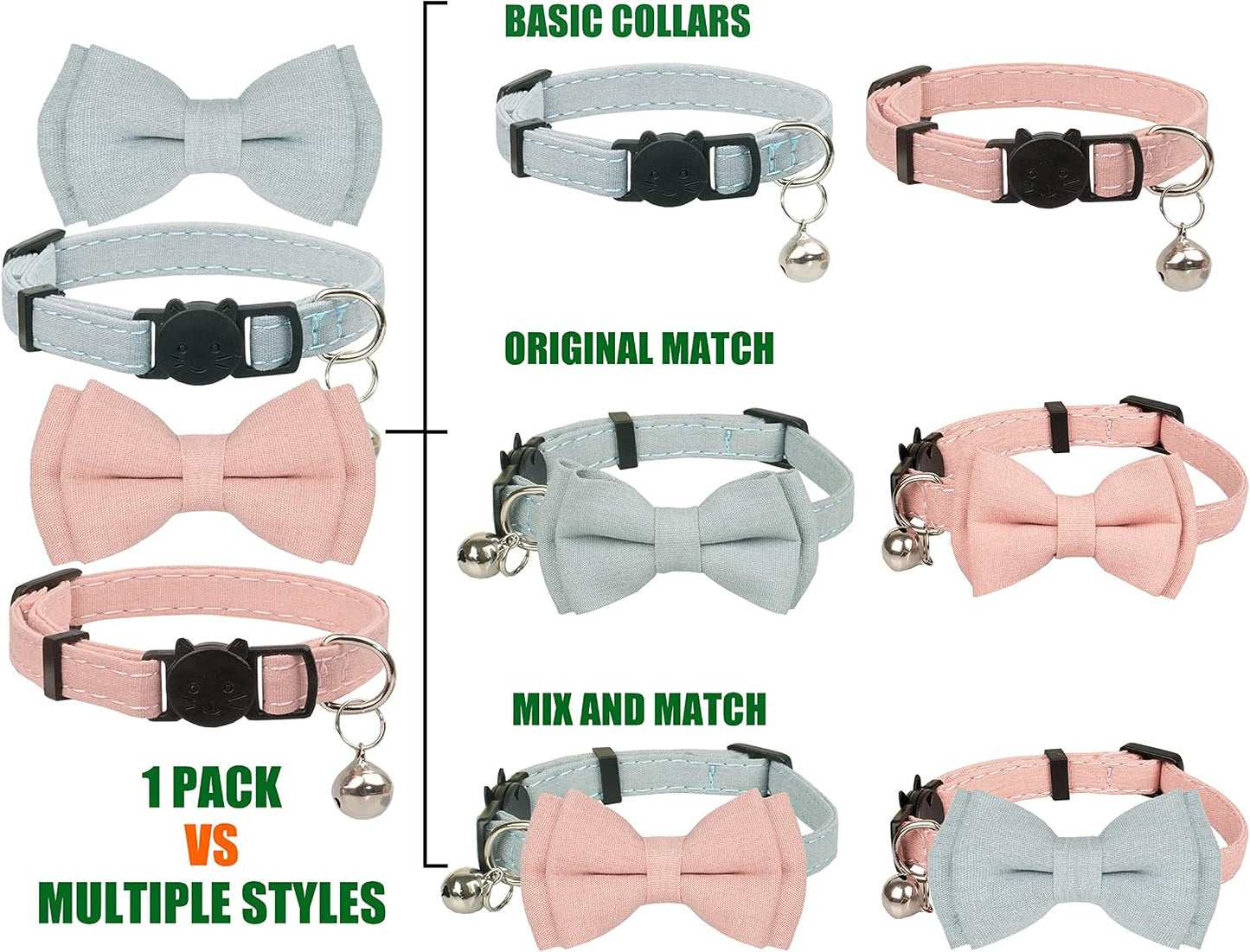Cat Collar Breakaway Bowtie Safety with Bell Adjustbale Kitten Puppy Solid Plaid Color Set A-[2Pcs] Pink & Blue Grey