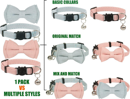 Cat Collar Breakaway Bowtie Safety with Bell Adjustbale Kitten Puppy Solid Plaid Color Set A-[2Pcs] Pink & Blue Grey