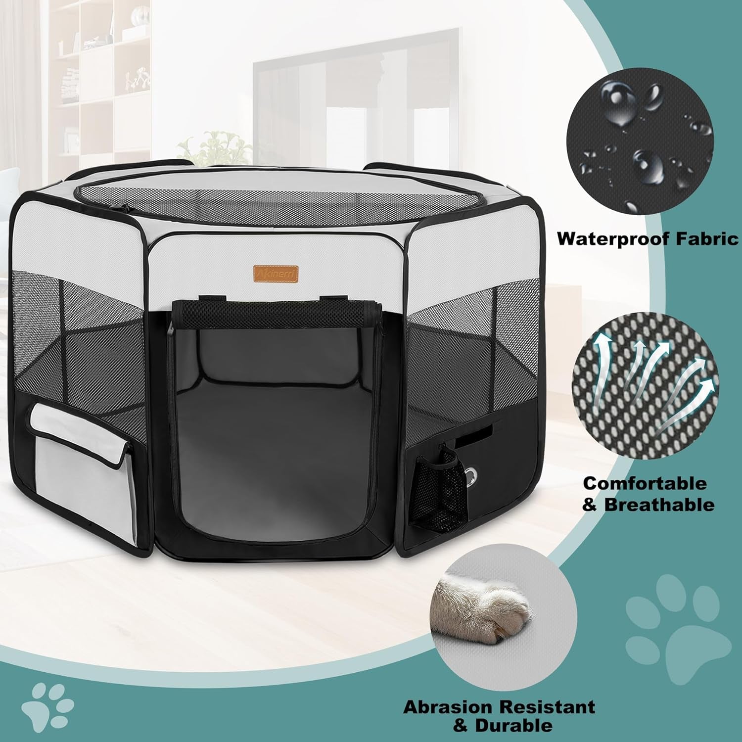 Portable Dog Playpen, Foldable Pet Play Pen for Puppy Cat, Black | Pop‑Up Dog Playpens Indoor & Outdoor, Waterproof Dog Kennel Cage, Removable Top, Travel Camping Playpen, Medium Size