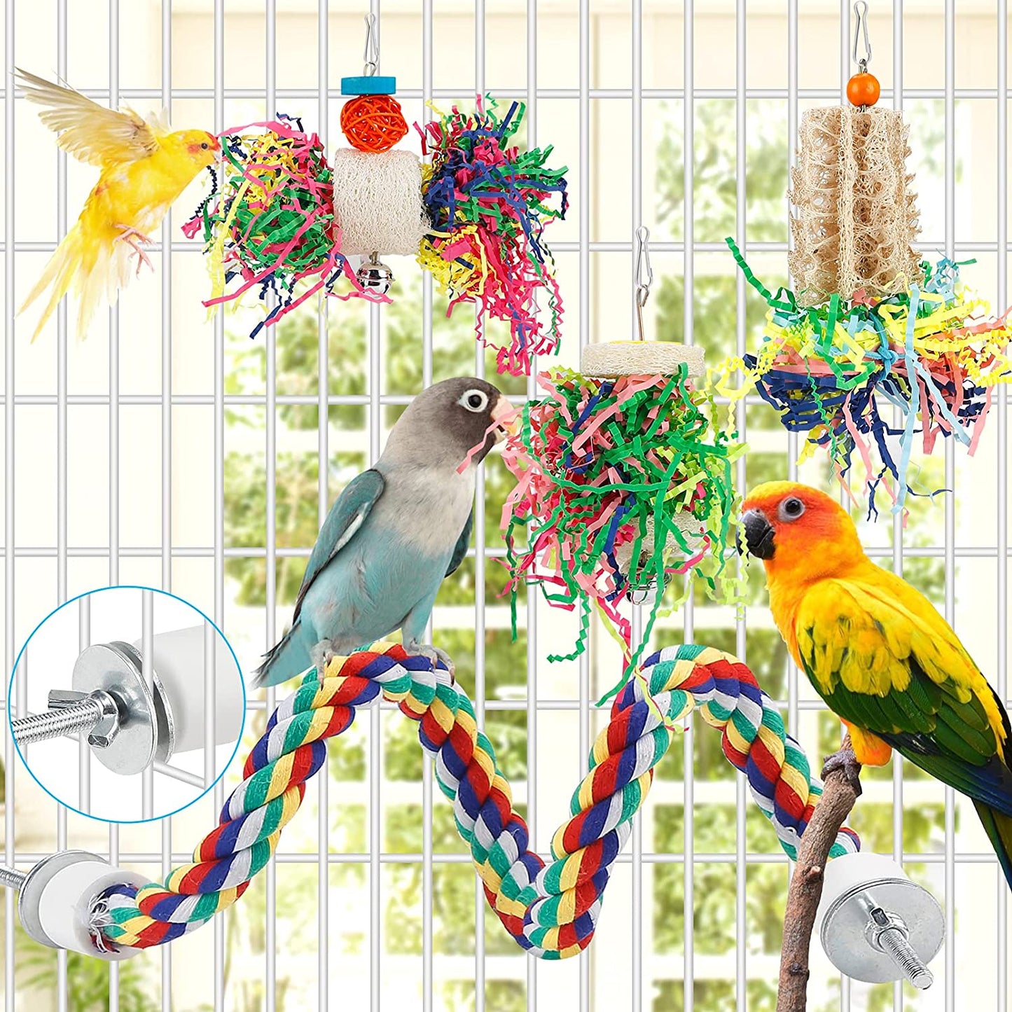 Bird Shredding Foraging Toys Parakeet Toy Chewing Hanging Toy Shredded Paper Bird Cage Accessories Bird Rope Perch for Conure Cockatiel Budgies Lovebird Parrotlet
