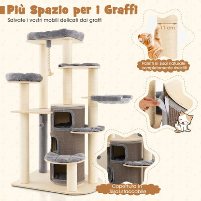 Albero per Gatti Multi-Livello Con Nicchia a 3 Piani 2 Cucce Tiragraffi, Torre per Gatti in Legno Da Interno 2 Colori