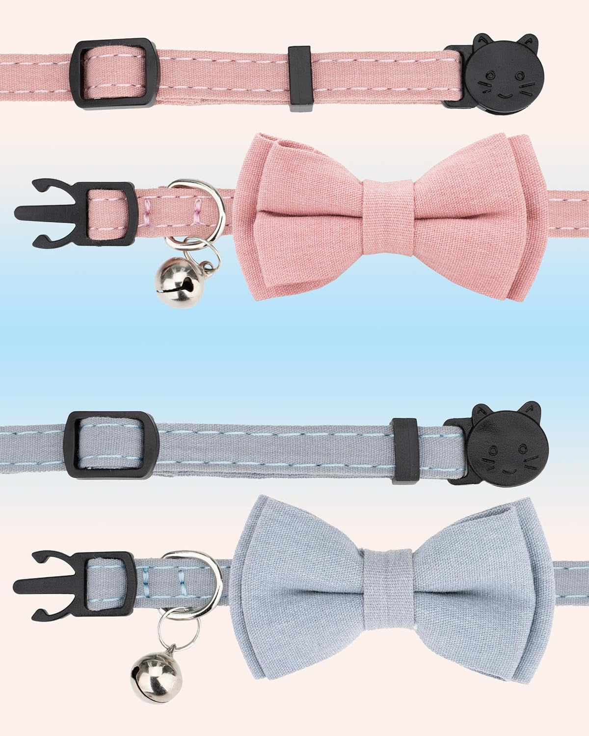 Cat Collar Breakaway Bowtie Safety with Bell Adjustbale Kitten Puppy Solid Plaid Color Set A-[2Pcs] Pink & Blue Grey