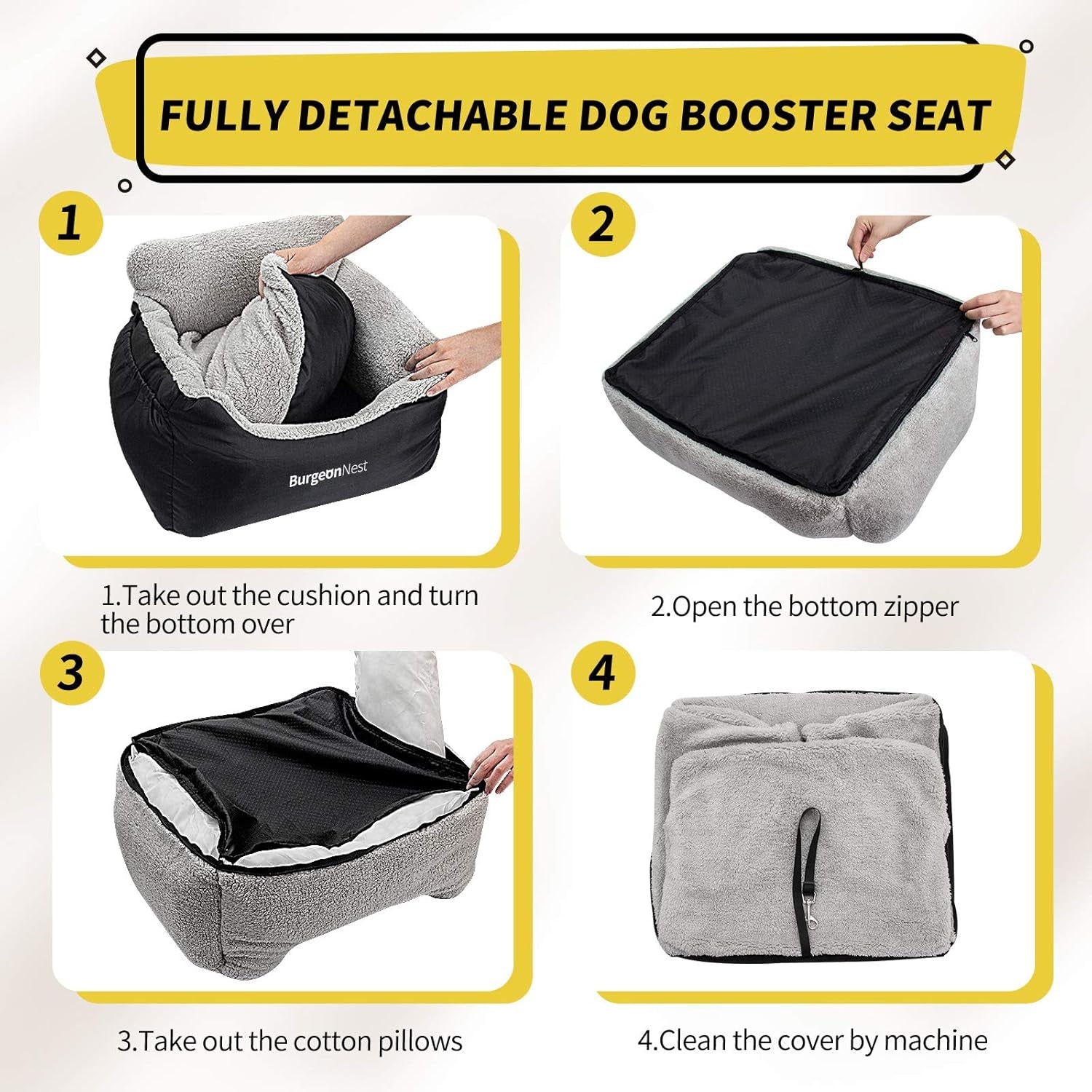 Dog Car Seat for Small Dogs, Fully Detachable and Washable Cat Carseats under 25 Lbs, Soft Pet Booster Seats with Storage Pockets and Clip-On Leash Portable Car Travel Carrier Bed, Black