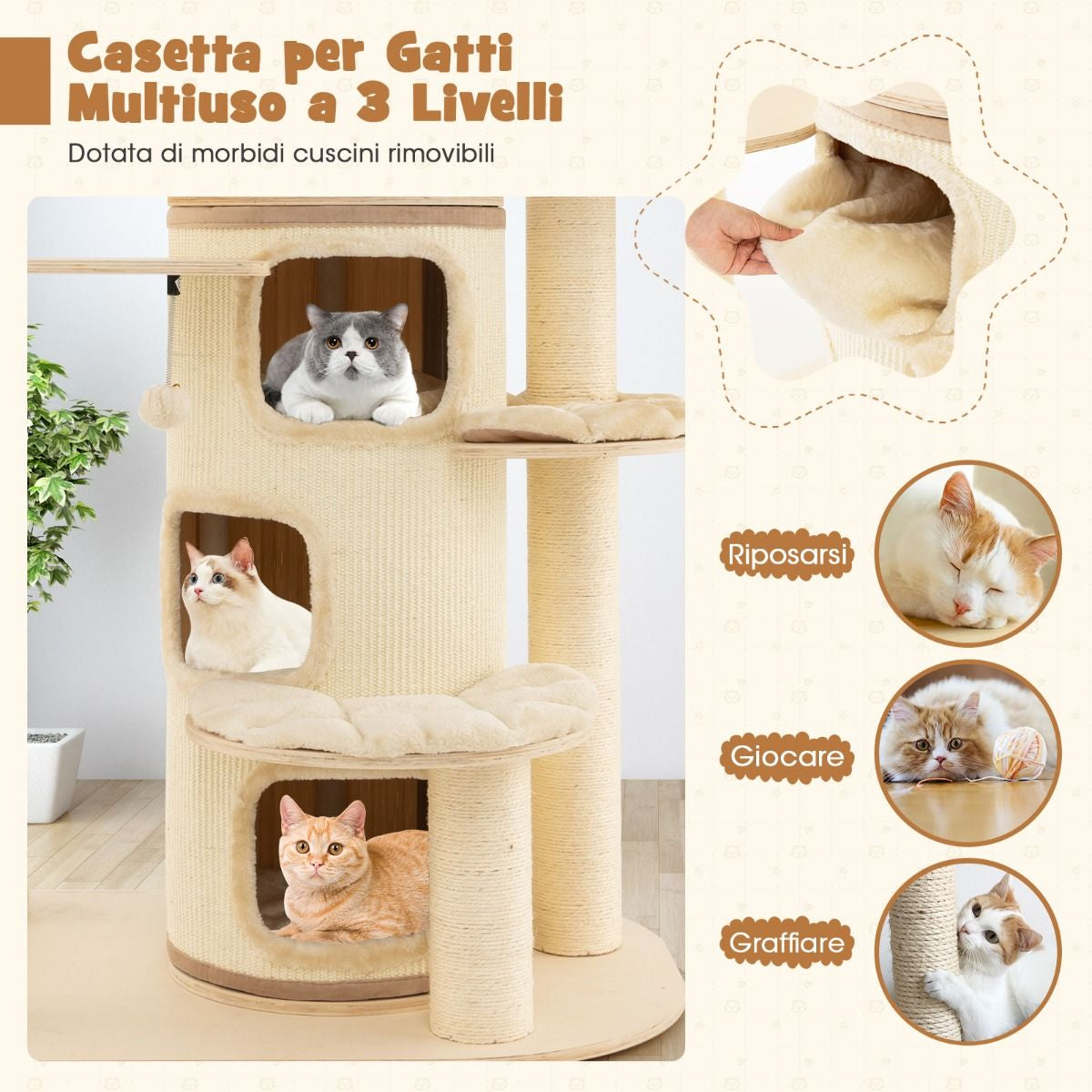 Albero per Gatti Multi-Livello Con Nicchia a 3 Piani 2 Cucce Tiragraffi, Torre per Gatti in Legno Da Interno 2 Colori