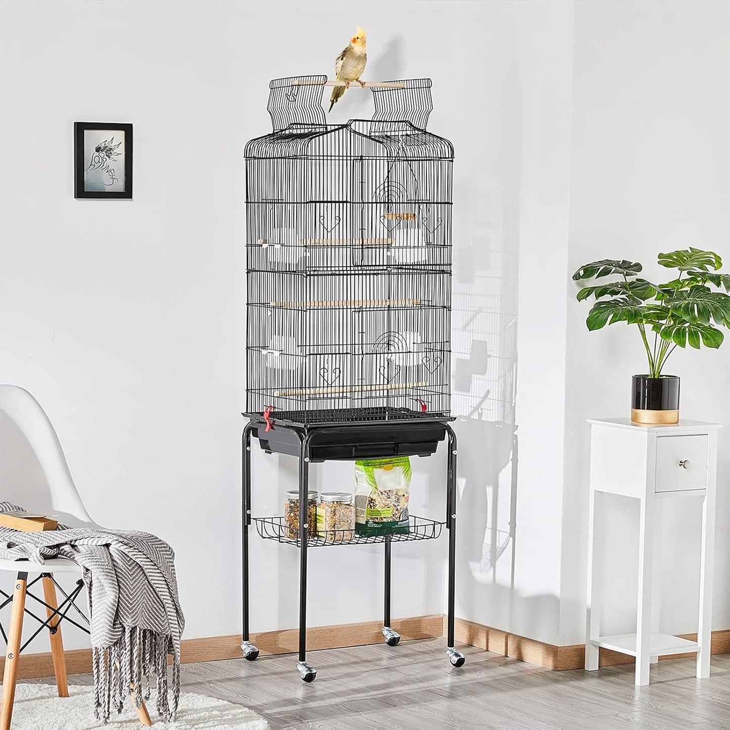 Yaheetech 64'' Open Top Bird Cage for Parakeets & Cockatiels, Black | Detachable Rolling Stand with Shelf, Easy Clean Slide Out Tray, 4 Feeder Doors, 0.4'' Bar Spacing, Indoor & Outdoor Use