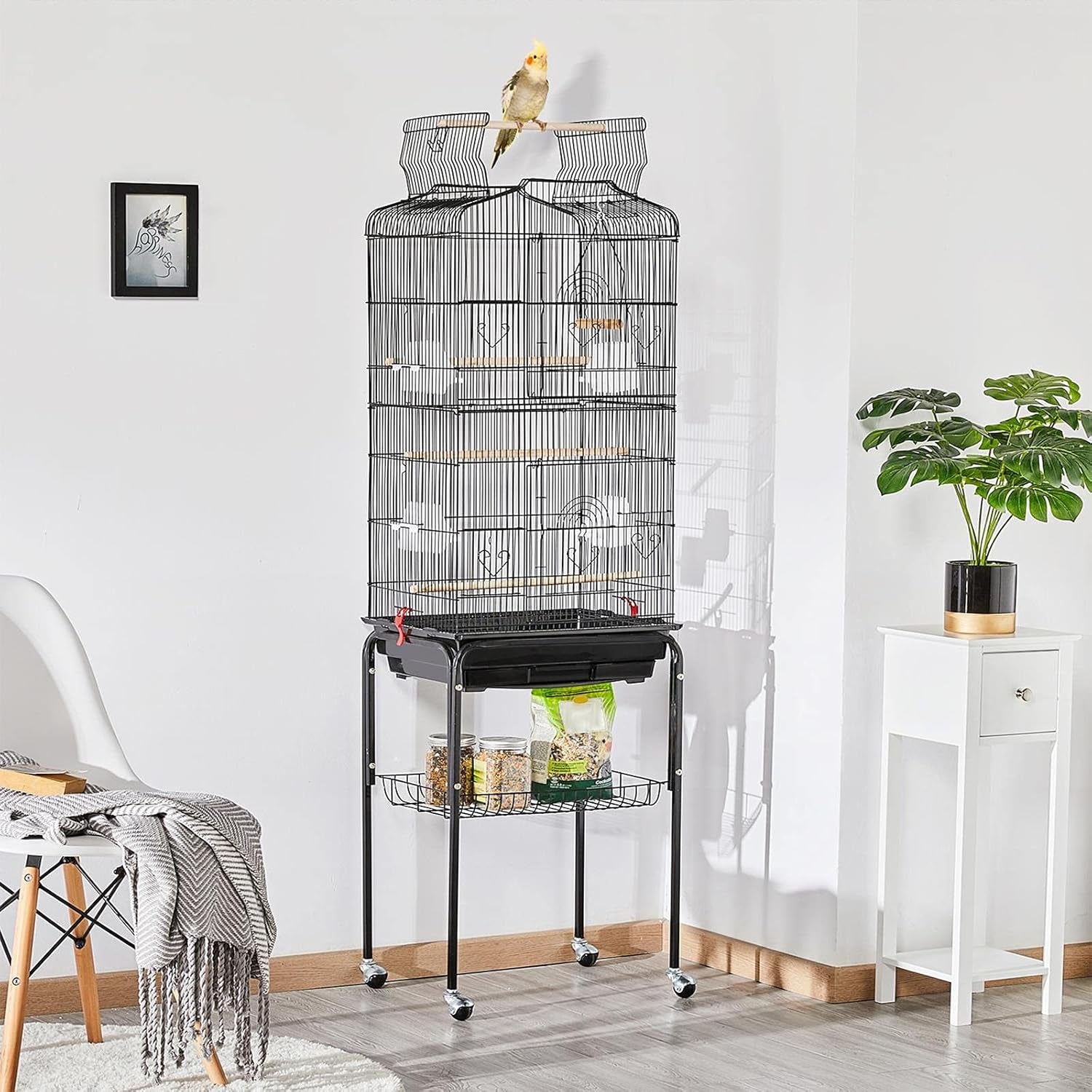 Yaheetech 64'' Open Top Bird Cage for Parakeets & Cockatiels, Black | Detachable Rolling Stand with Shelf, Easy Clean Slide Out Tray, 4 Feeder Doors, 0.4'' Bar Spacing, Indoor & Outdoor Use