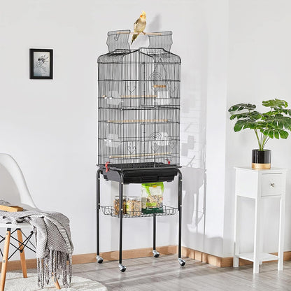 Yaheetech 64'' Open Top Bird Cage for Parakeets & Cockatiels, Black | Detachable Rolling Stand with Shelf, Easy Clean Slide Out Tray, 4 Feeder Doors, 0.4'' Bar Spacing, Indoor & Outdoor Use