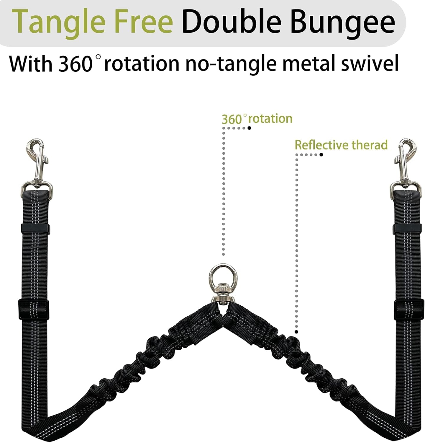 360° No Tangle Double Dog Leash, 2-In-1 Bungee Seatbelt Leash | 360°Tangle Free Coupler, Dual Padded Handles, Shock Bungee Buffer,Adjustable Fits M & L Dogs for Walking & Car Travel