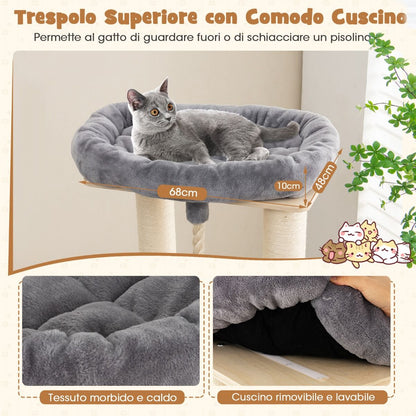 Albero per Gatti Multi-Livello Con Nicchia a 3 Piani 2 Cucce Tiragraffi, Torre per Gatti in Legno Da Interno 2 Colori