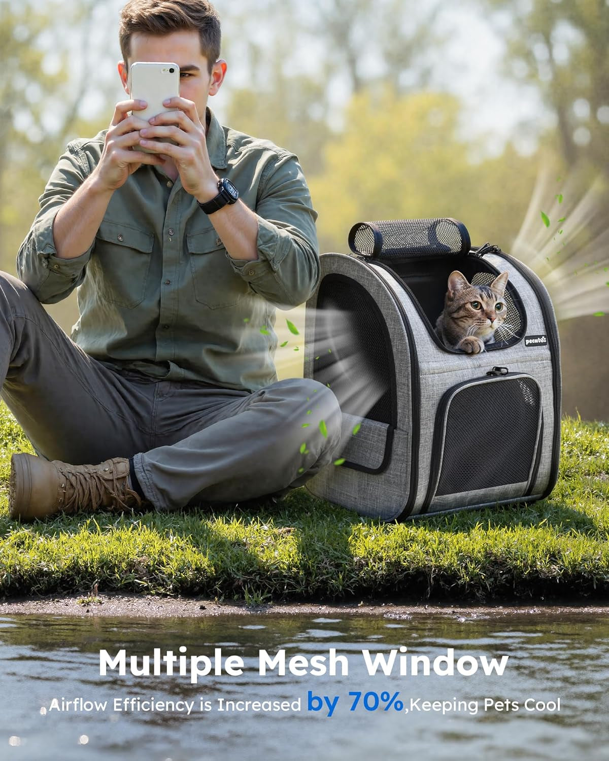 Cat Backpack Dog Backpack, Breathable Dog Rucksack, Grey,L | Cat Backpack Carrier with Front Opening-Mesh Window-Pockets, Airy Large Space for Carrying Pets under 5Kg