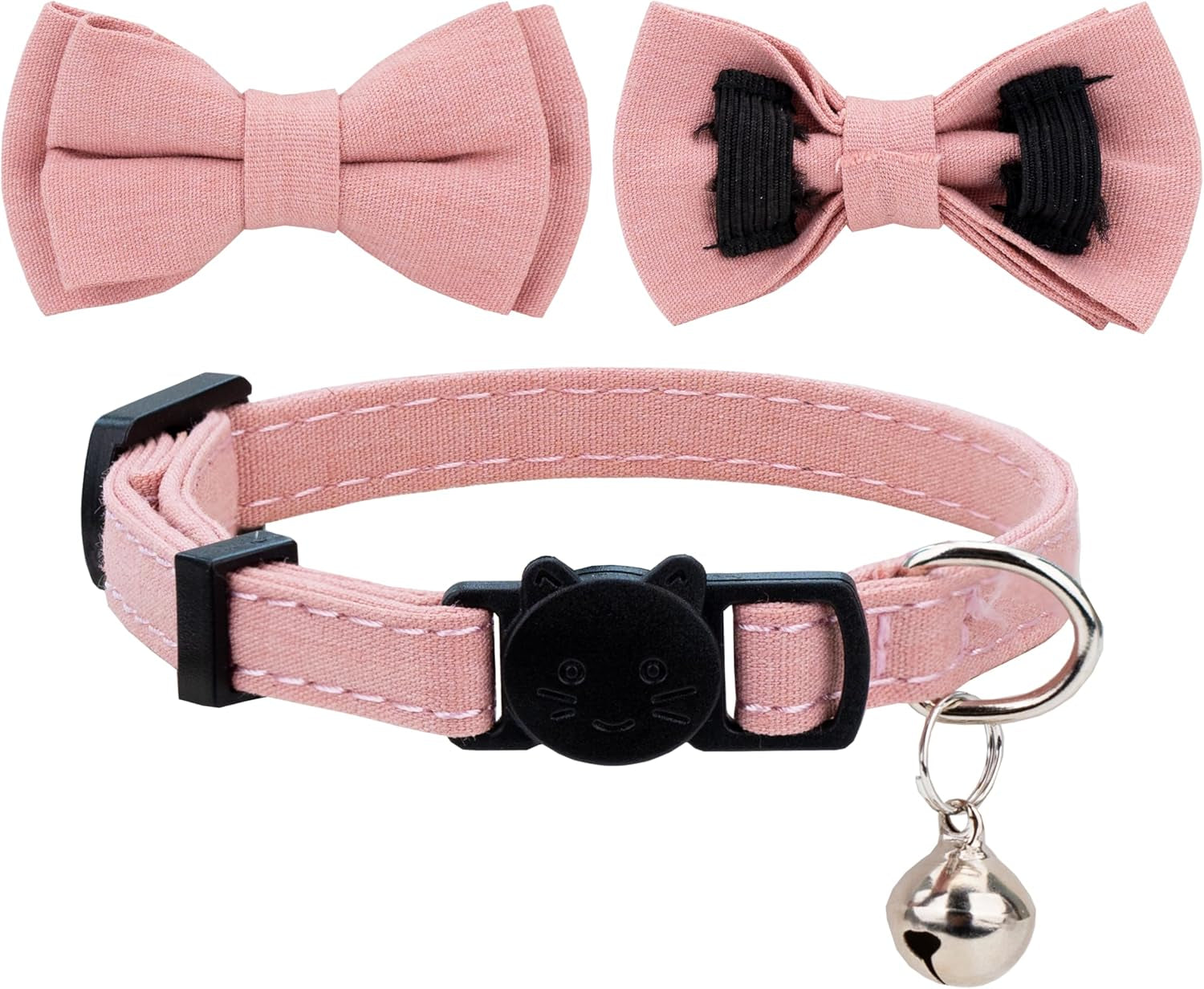 Cat Collar Breakaway Bowtie Safety with Bell Adjustbale Kitten Puppy Solid Plaid Color Set A-[2Pcs] Pink & Blue Grey