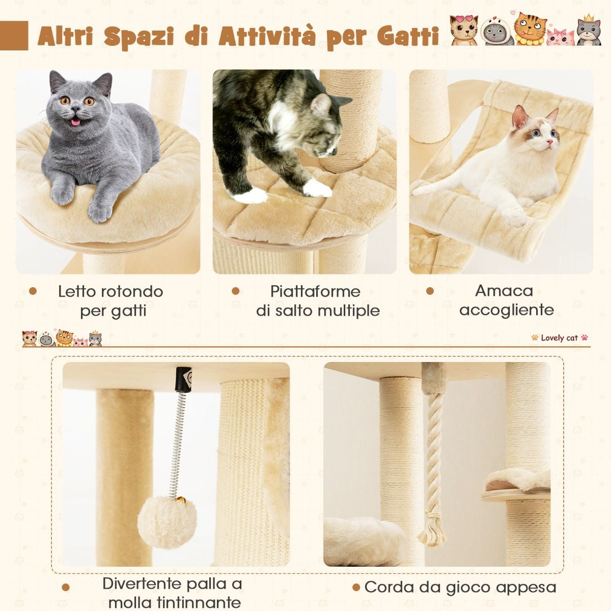 Albero per Gatti Multi-Livello Con Nicchia a 3 Piani 2 Cucce Tiragraffi, Torre per Gatti in Legno Da Interno 2 Colori