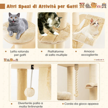 Albero per Gatti Multi-Livello Con Nicchia a 3 Piani 2 Cucce Tiragraffi, Torre per Gatti in Legno Da Interno 2 Colori